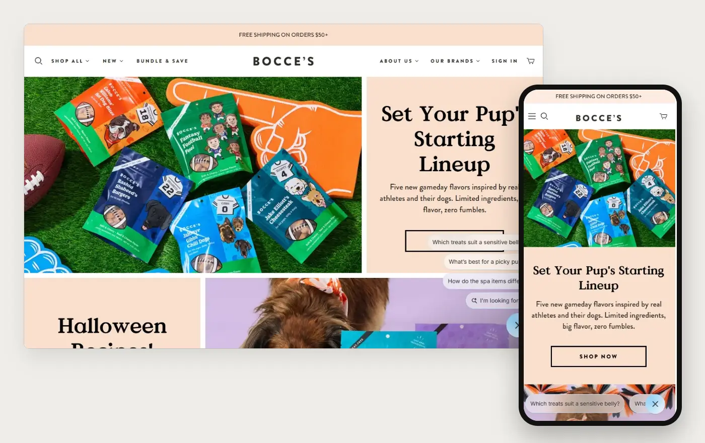 Bocce's Bakery's Shopify store homepage on desktop and mobile, captured on 10 October 2026