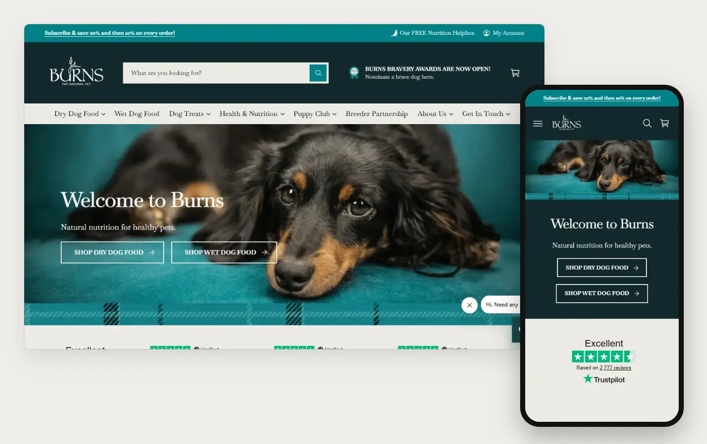 Burns Pet Nutrition's Shopify store homepage on desktop and mobile, captured on 10 October 2026