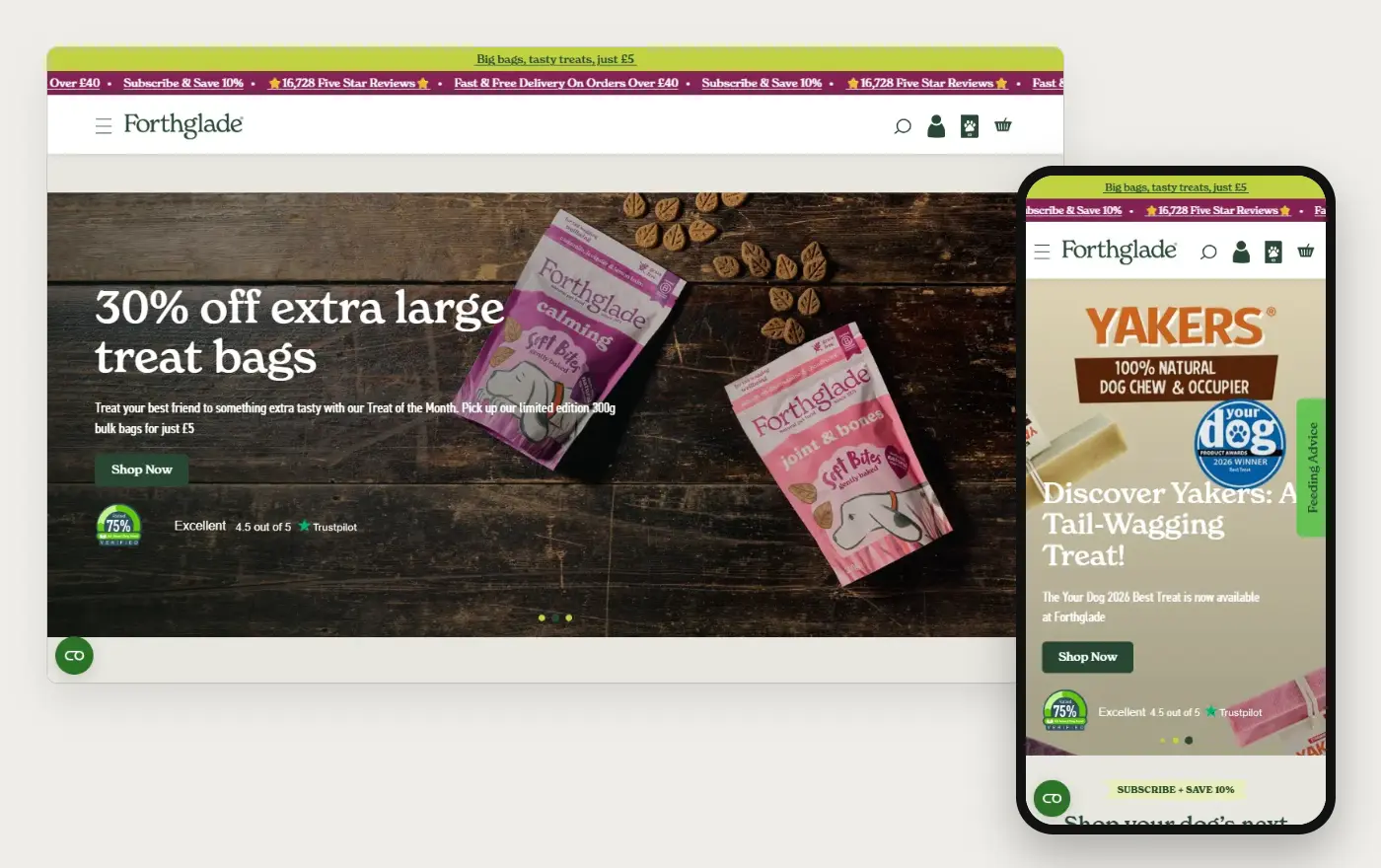 Forthglade's Shopify store homepage on desktop and mobile, captured on 10 October 2026