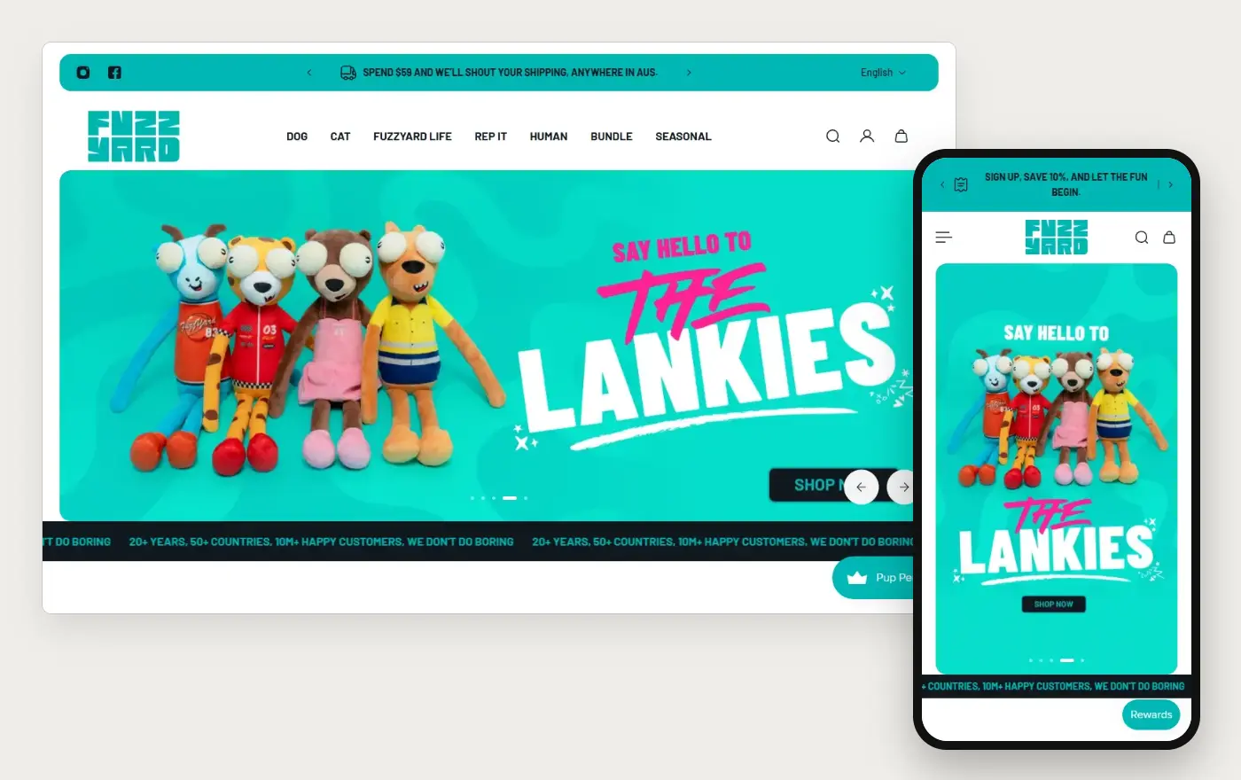 FuzzYard's Shopify store homepage on desktop and mobile, captured on 10 October 2026