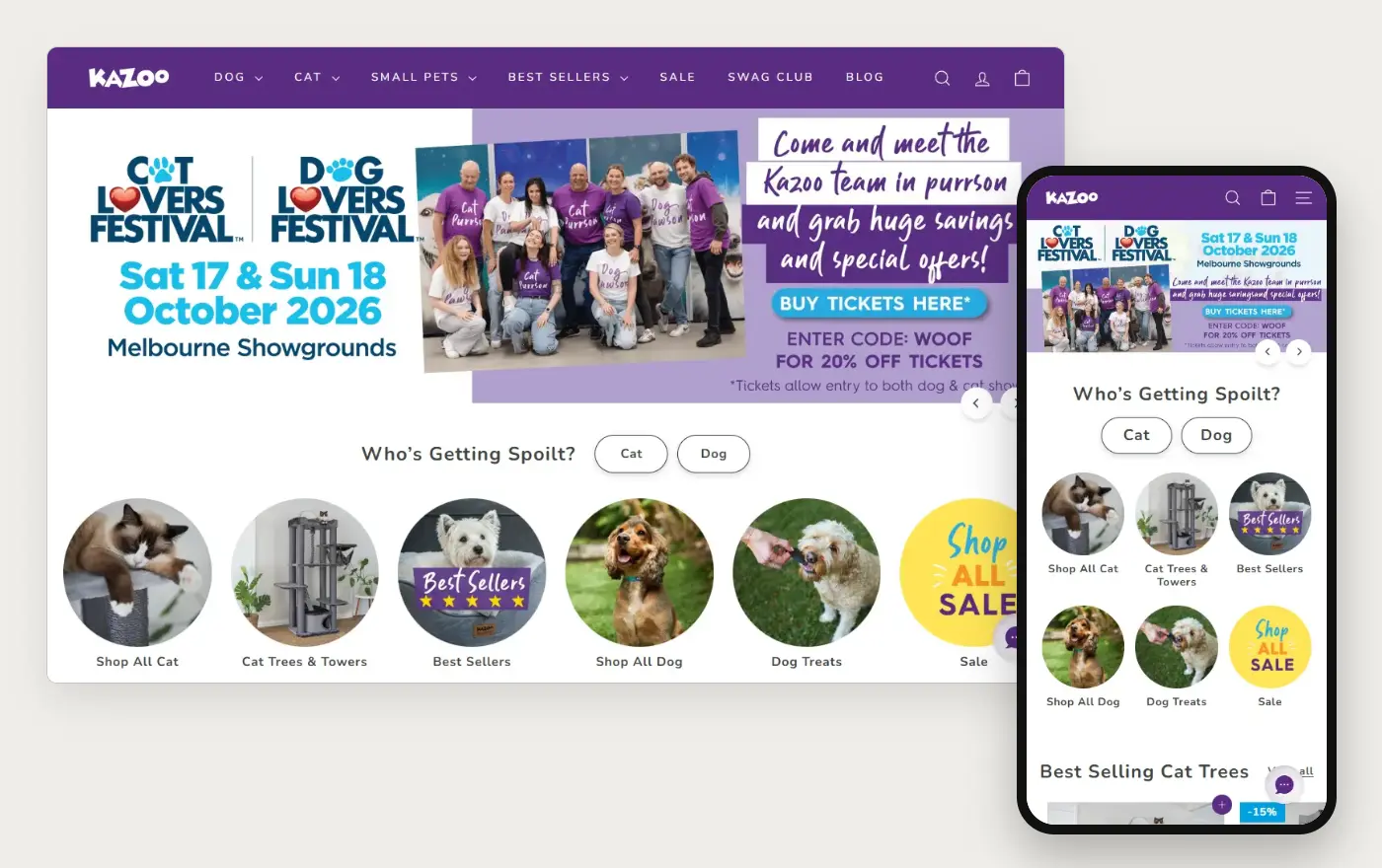 Kazoo's Shopify store homepage on desktop and mobile, captured on 10 October 2026