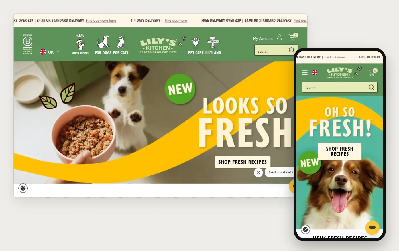 Lily's Kitchen's Shopify store homepage on desktop and mobile, captured on 10 October 2026