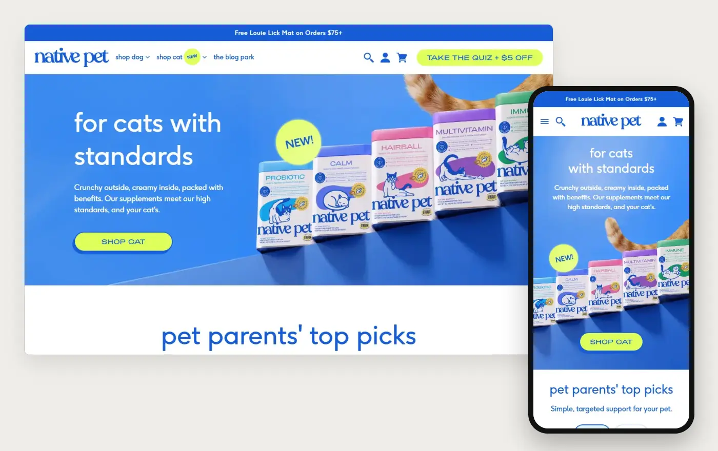 Native Pet's Shopify store homepage on desktop and mobile, captured on 10 October 2026