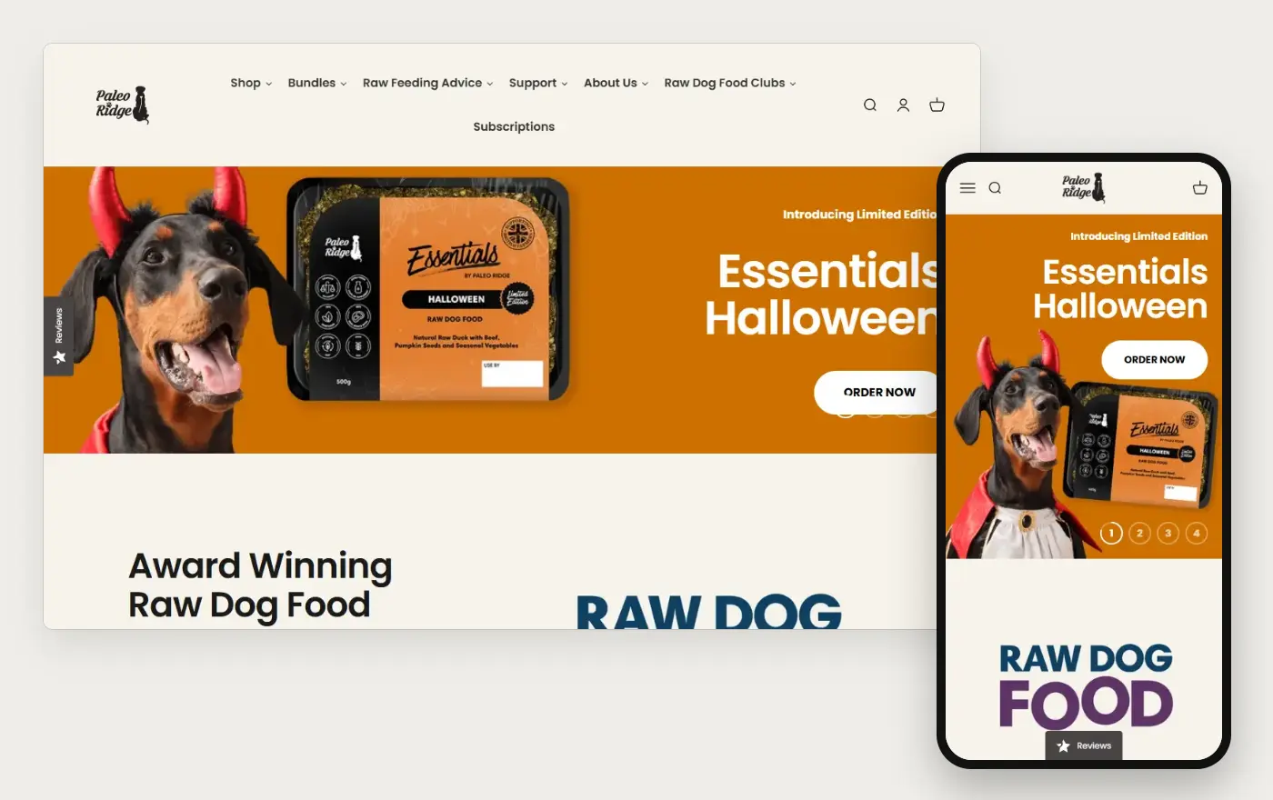 Paleo Ridge's Shopify store homepage on desktop and mobile, captured on 10 October 2026