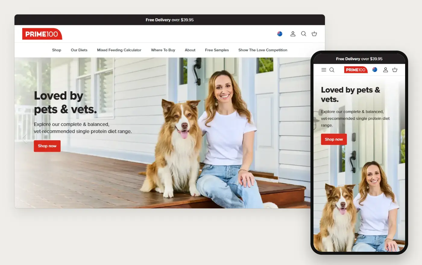Prime100's Shopify store homepage on desktop and mobile, captured on 10 October 2026