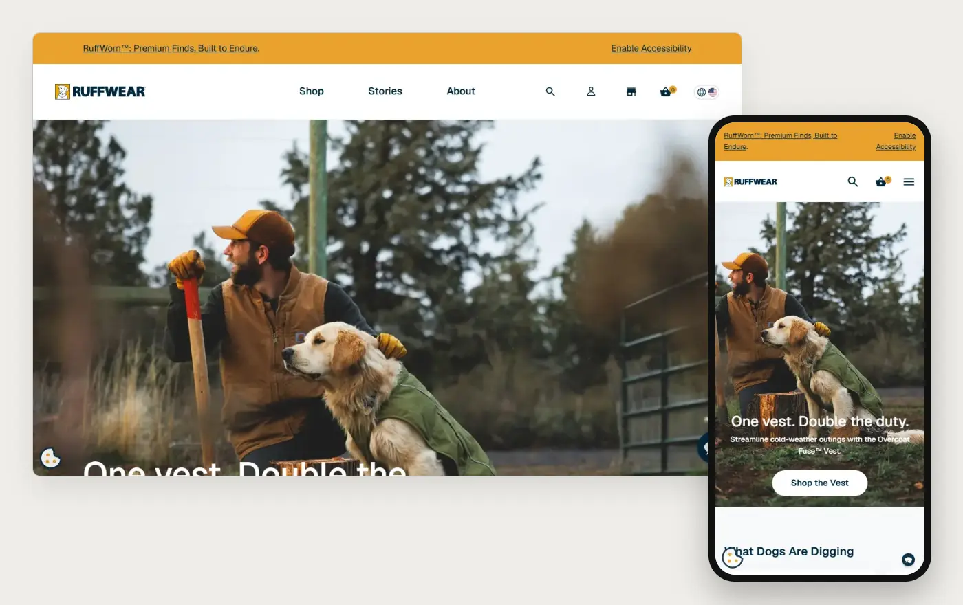 Ruffwear's Shopify store homepage on desktop and mobile, captured on 10 October 2026