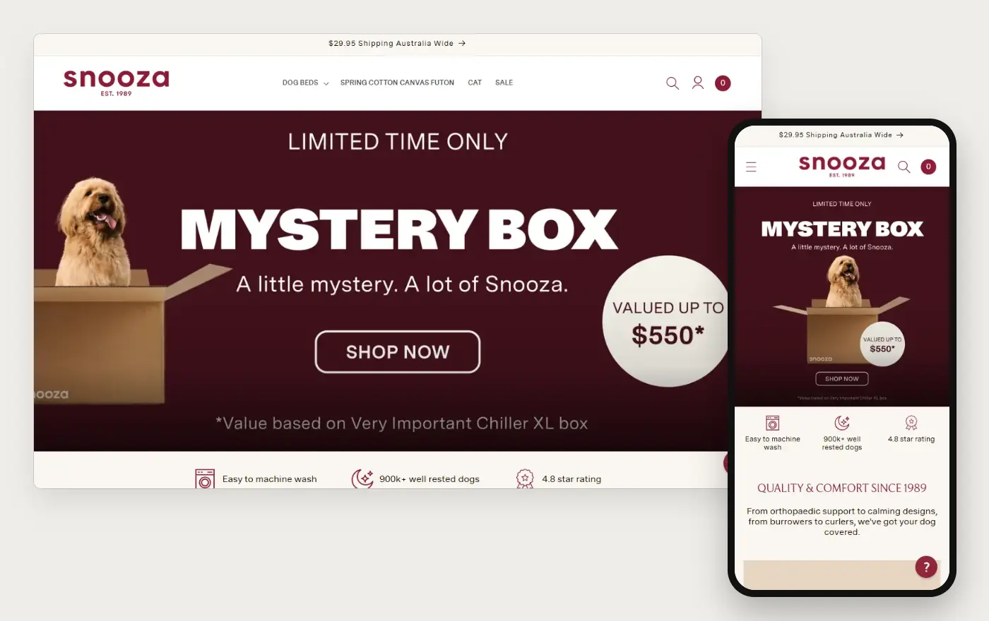 Snooza's Shopify store homepage on desktop and mobile, captured on 10 October 2026