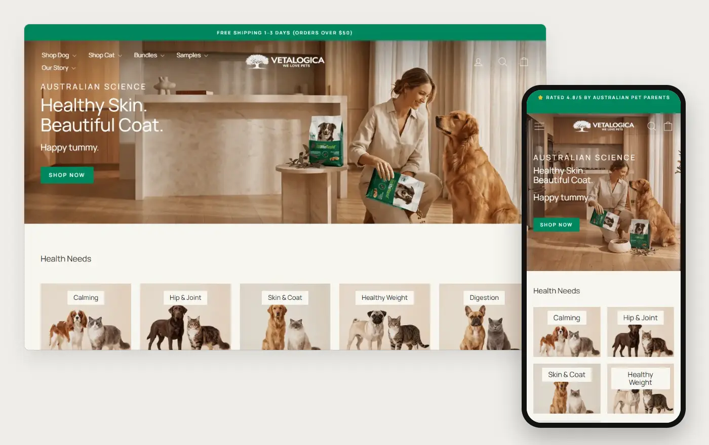 Vetalogica's Shopify store homepage on desktop and mobile, captured on 10 October 2026