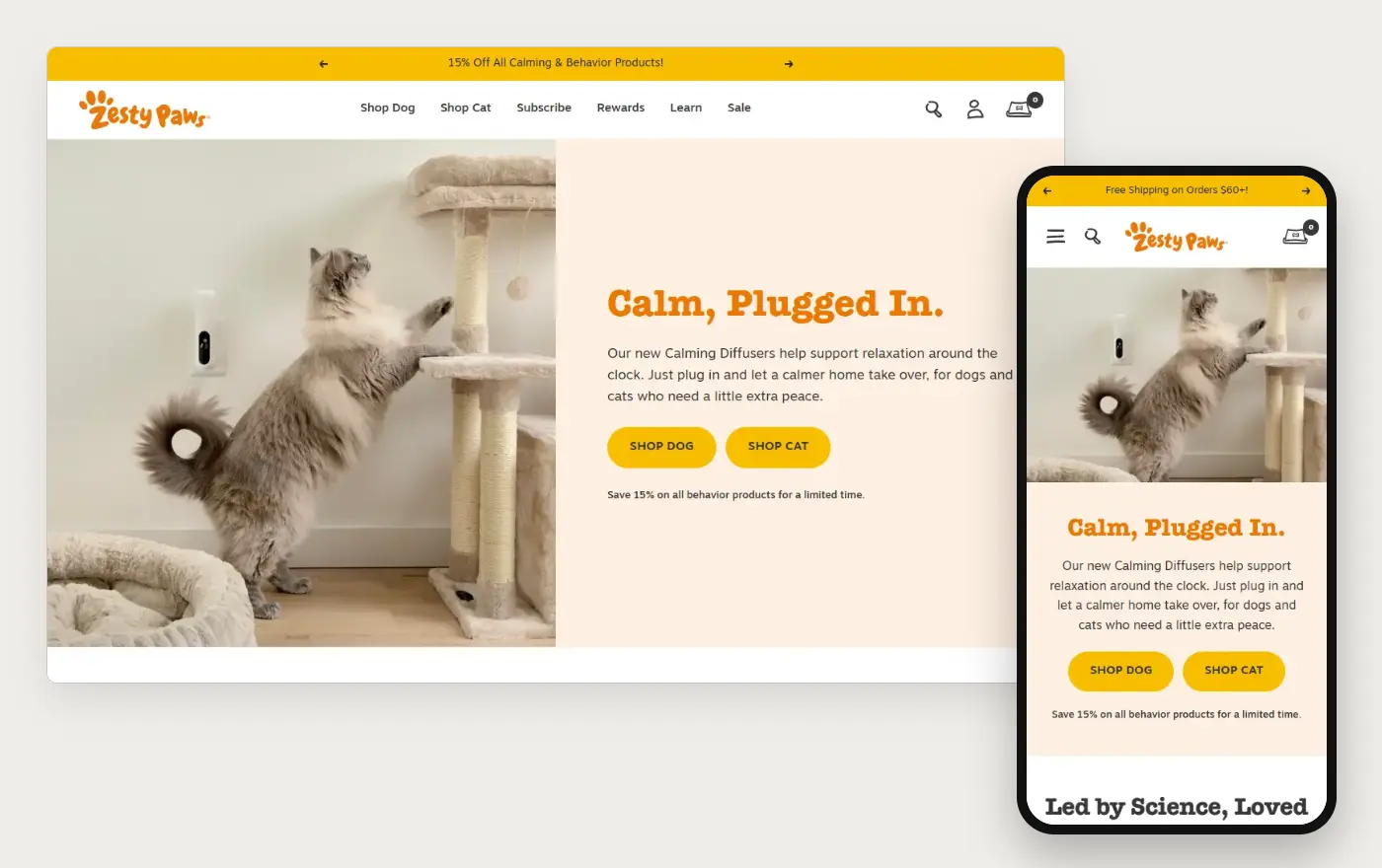 Zesty Paws' Shopify store homepage on desktop and mobile, captured on 10 October 2026