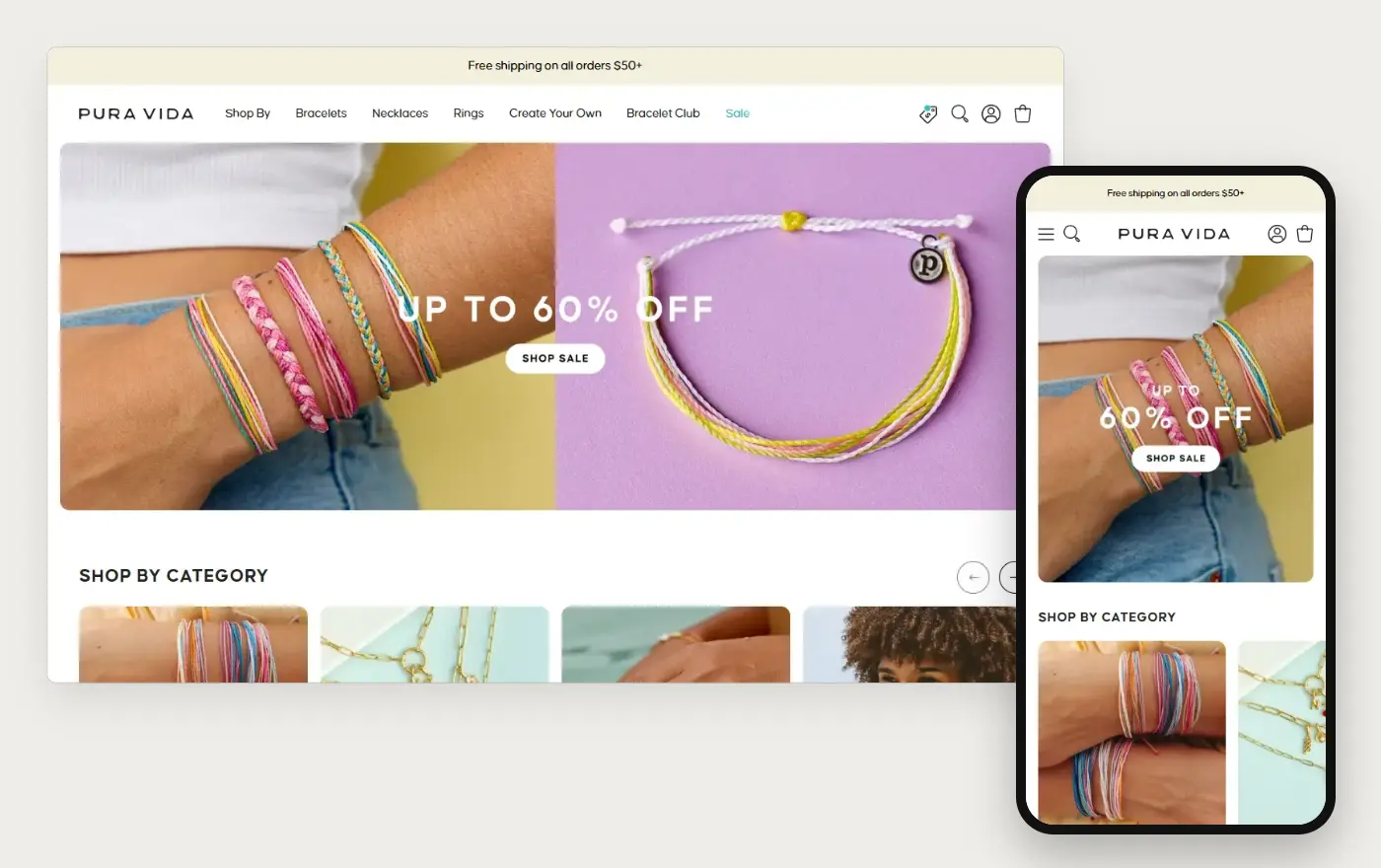 Pura Vida's Shopify store homepage on desktop and mobile, captured on 10 October 2026