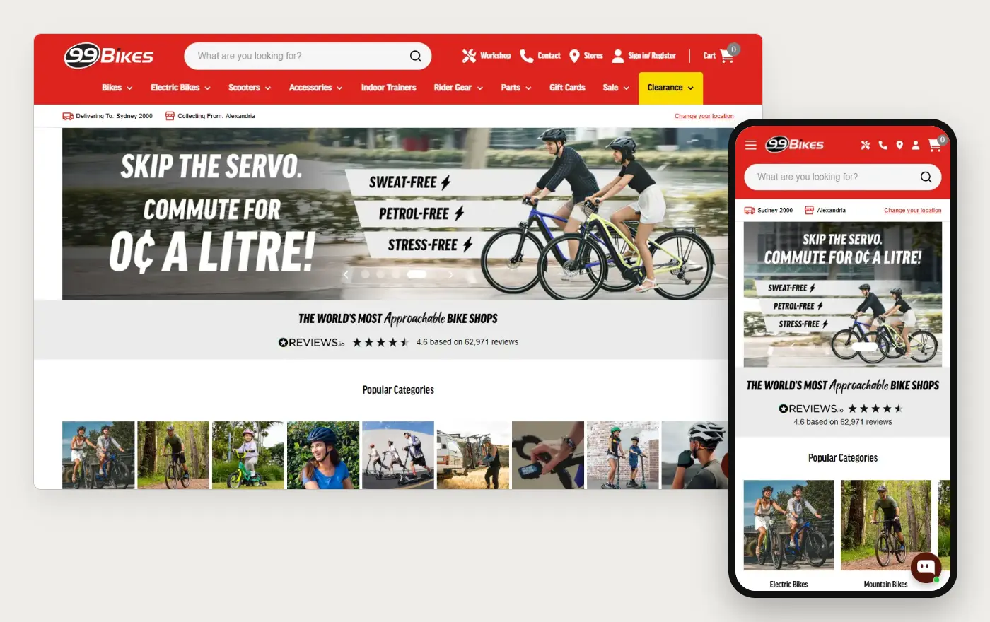 99 Bikes online store at desktop and phone width, 20 October 2026