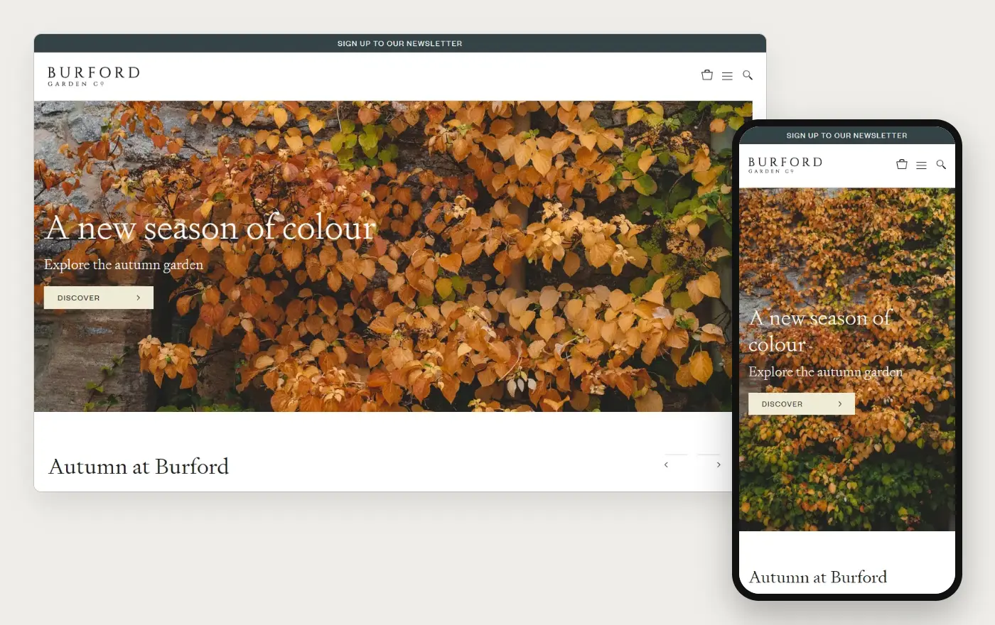Burford Garden Co. online store at desktop and phone width, 20 October 2026