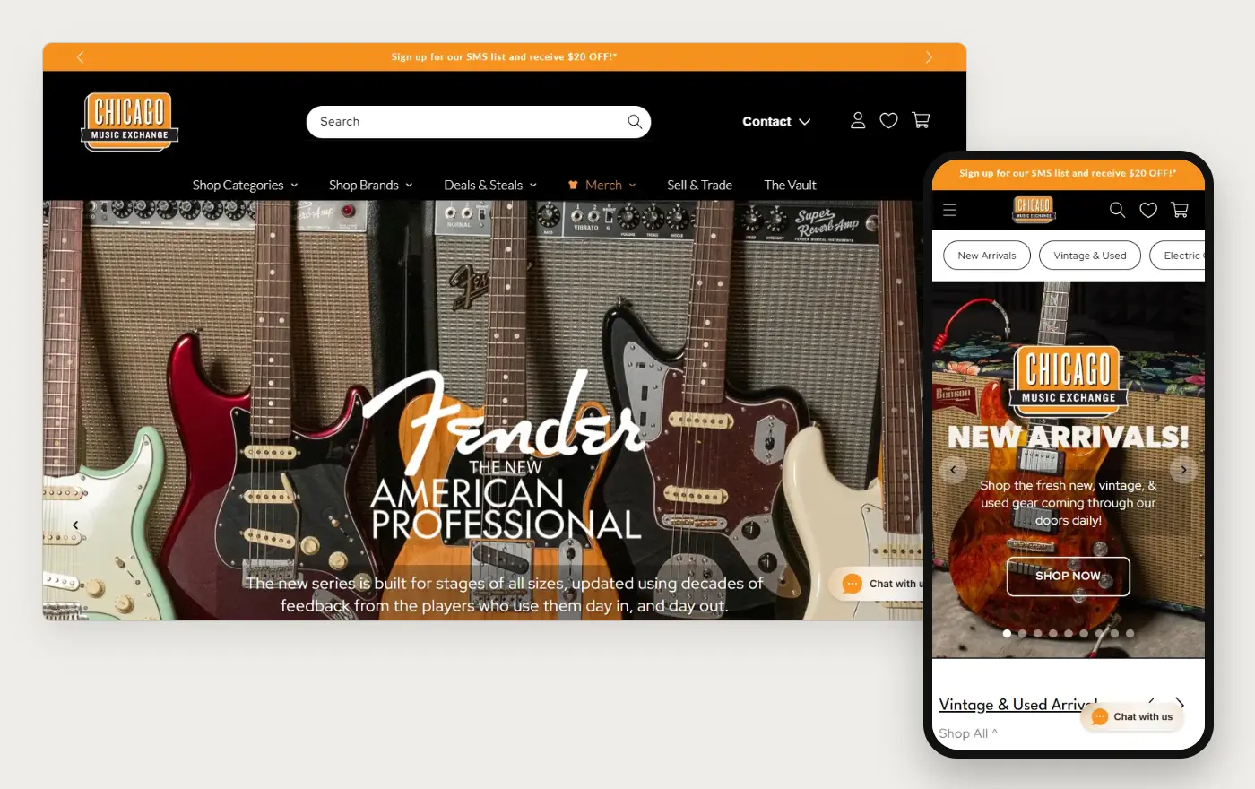 Chicago Music Exchange online store at desktop and phone width, 20 October 2026