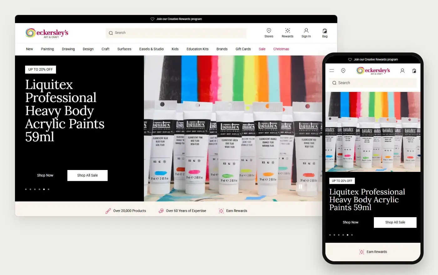 Eckersley's online store at desktop and phone width, 20 October 2026