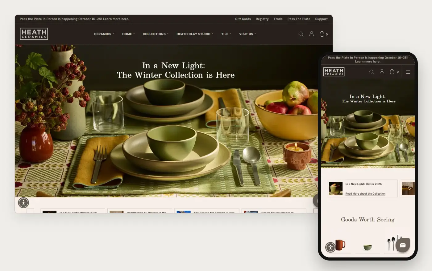 Heath Ceramics online store at desktop and phone width, 20 October 2026