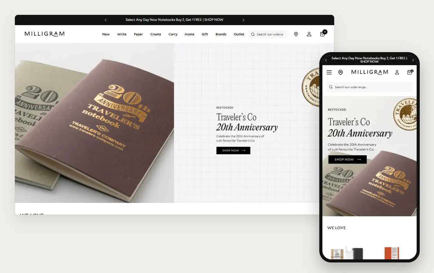 Milligram online store at desktop and phone width, 20 October 2026