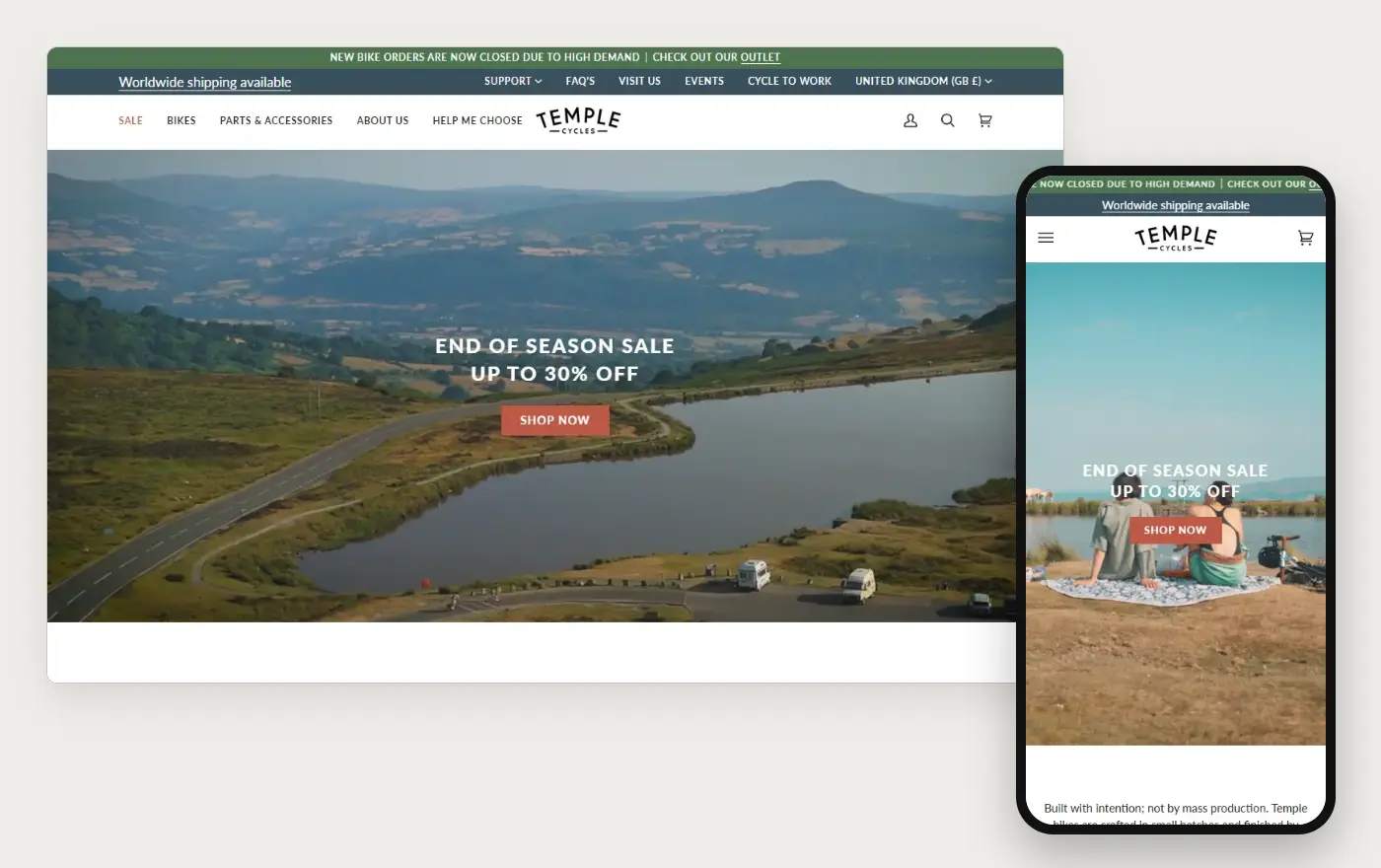 Temple Cycles online store at desktop and phone width, 20 October 2026