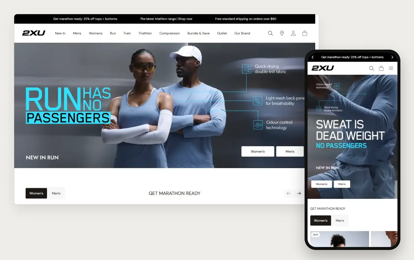 2XU's Shopify store homepage on desktop and mobile, captured on 11 October 2026