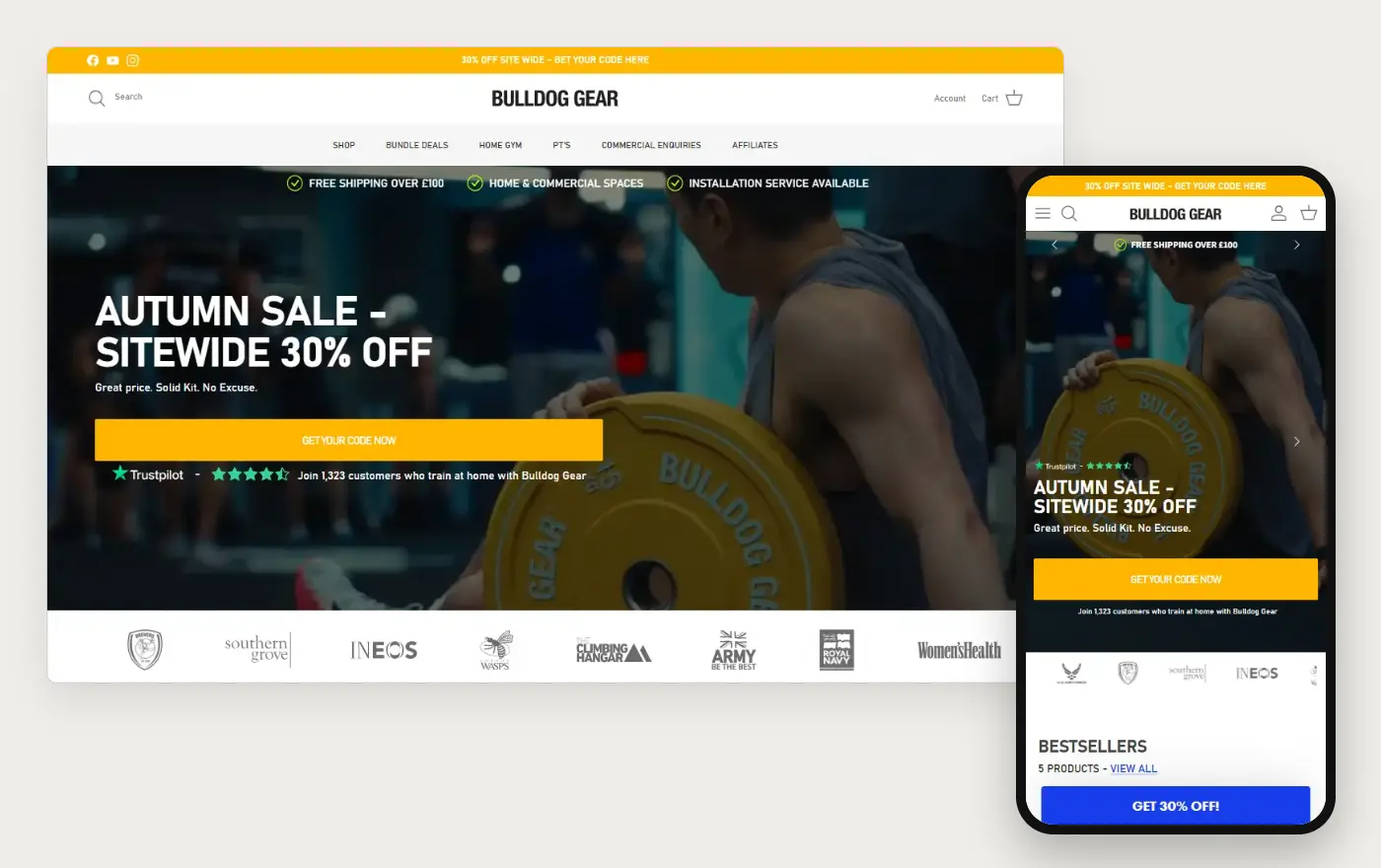 Bulldog Gear's Shopify store homepage on desktop and mobile, captured on 11 October 2026