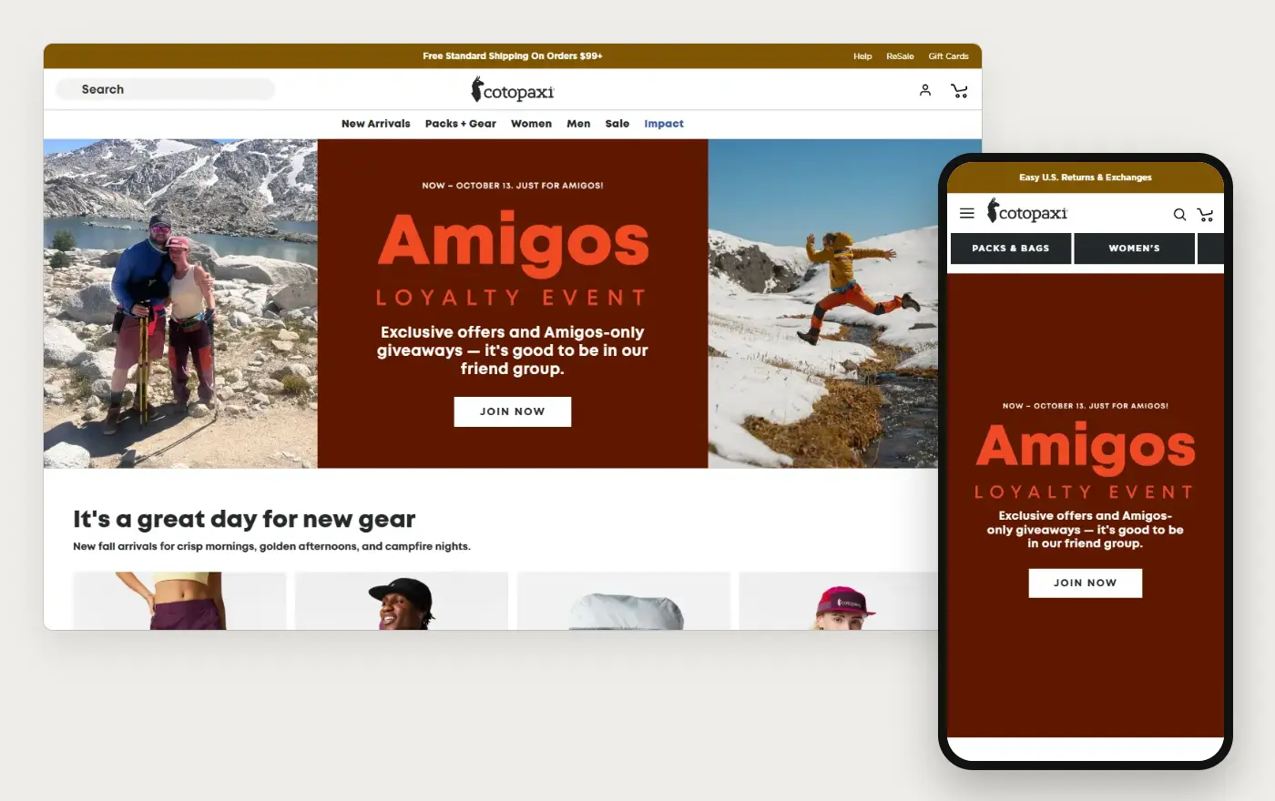 Cotopaxi's Shopify store homepage on desktop and mobile, captured on 11 October 2026