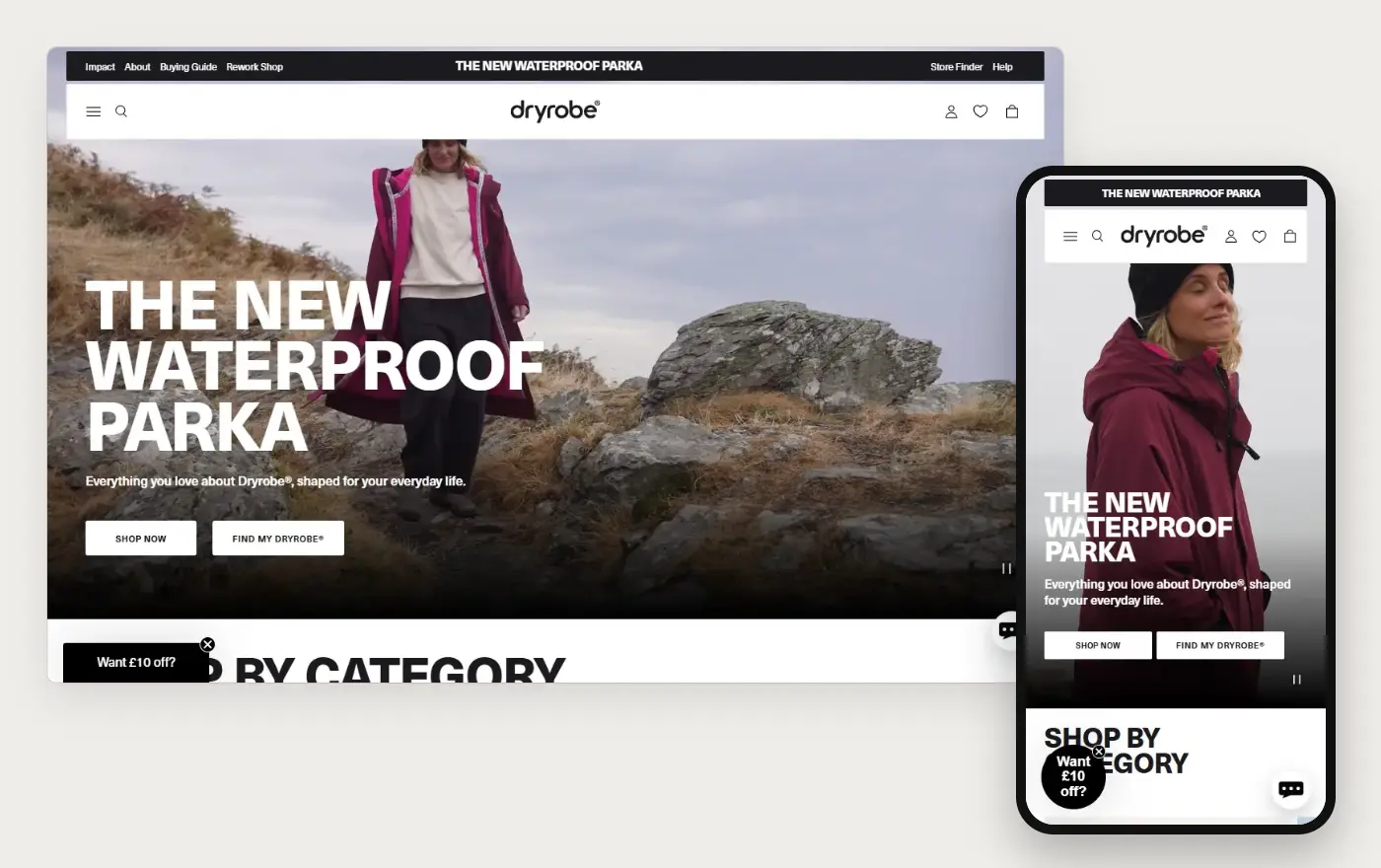 dryrobe's Shopify store homepage on desktop and mobile, captured on 11 October 2026