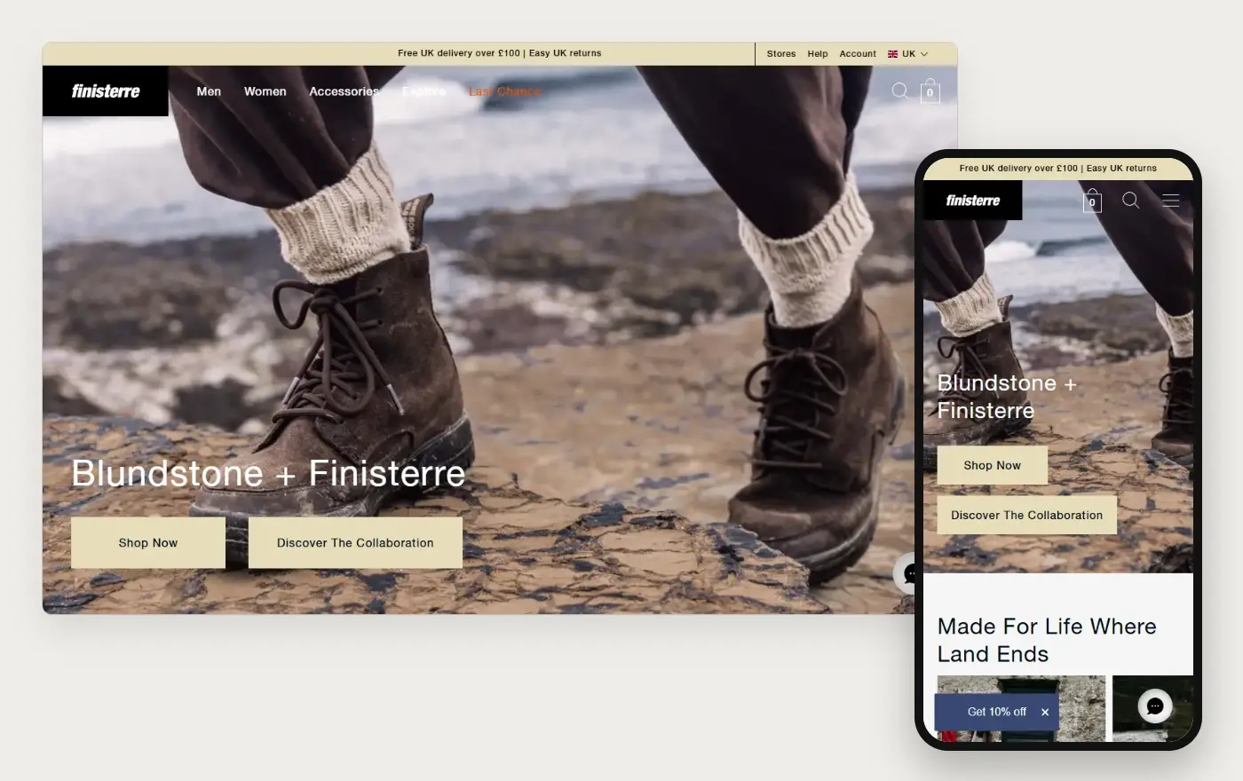 Finisterre's Shopify store homepage on desktop and mobile, captured on 11 October 2026