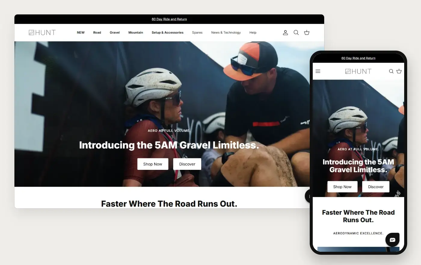 Hunt Bike Wheels' Shopify store homepage on desktop and mobile, captured on 11 October 2026