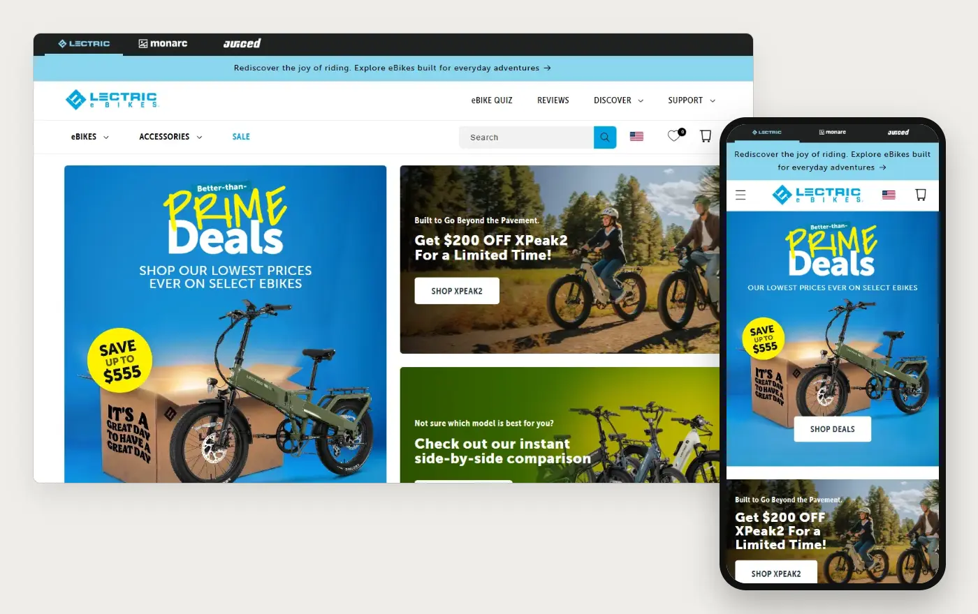 Lectric eBikes' Shopify store homepage on desktop and mobile, captured on 11 October 2026