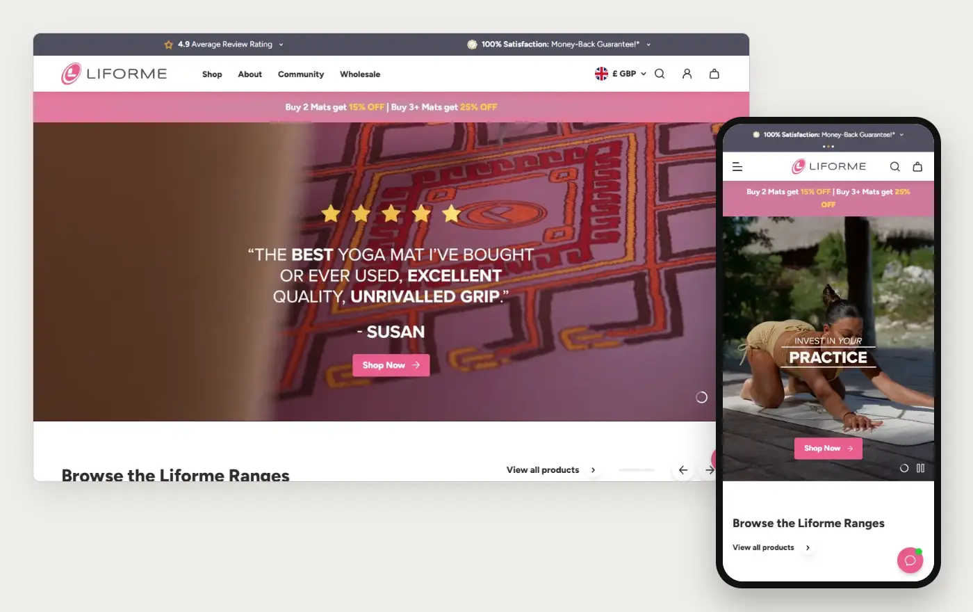 Liforme's Shopify store homepage on desktop and mobile, captured on 11 October 2026