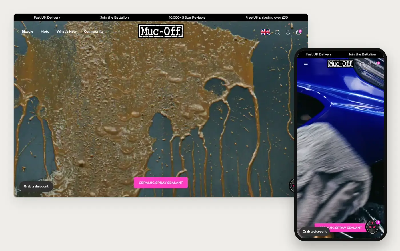 Muc-Off's Shopify store homepage on desktop and mobile, captured on 11 October 2026