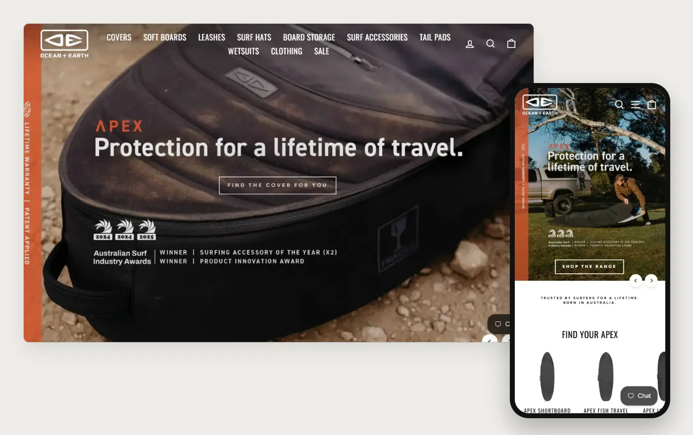 Ocean & Earth's Shopify store homepage on desktop and mobile, captured on 11 October 2026