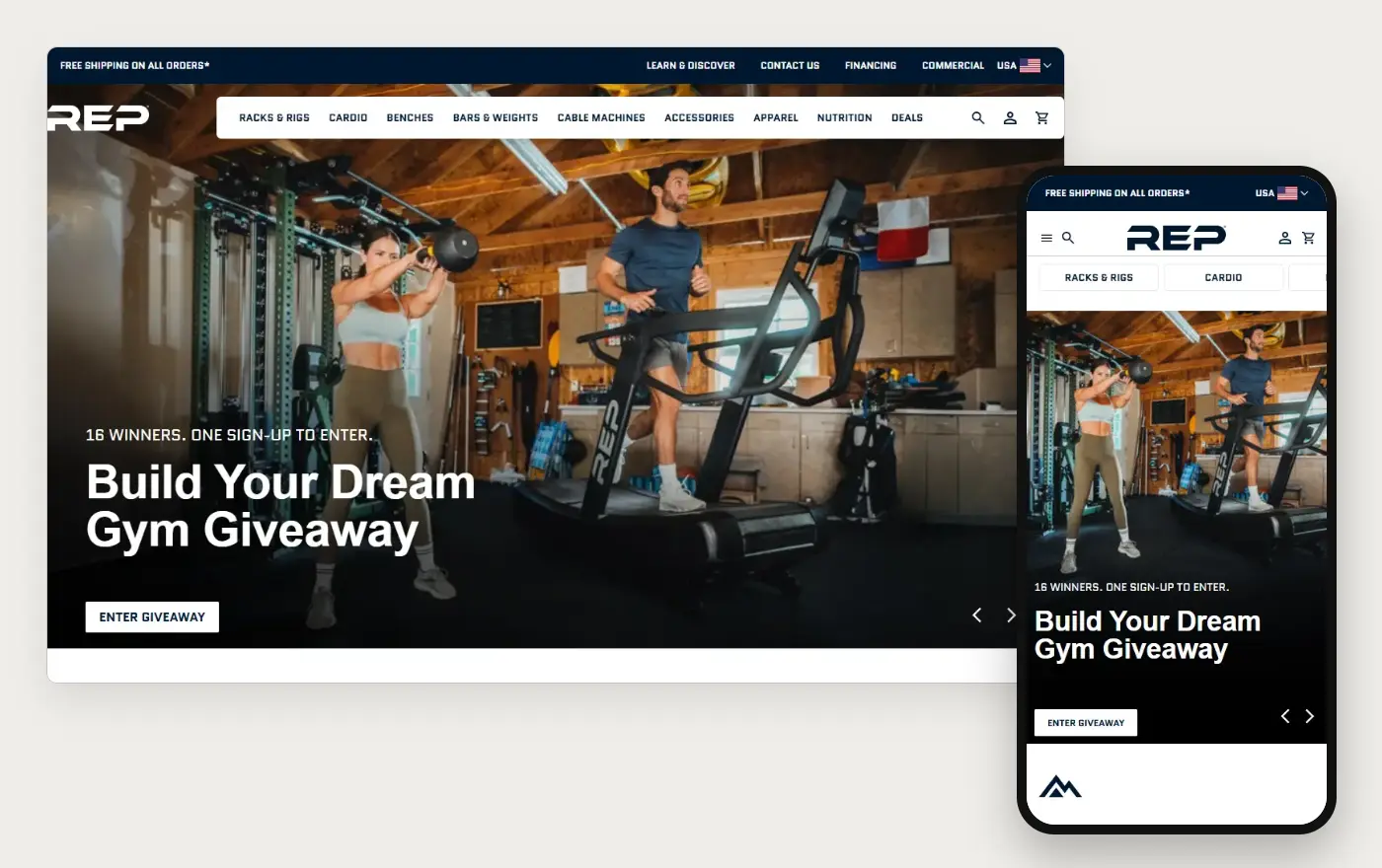 REP Fitness' Shopify store homepage on desktop and mobile, captured on 11 October 2026