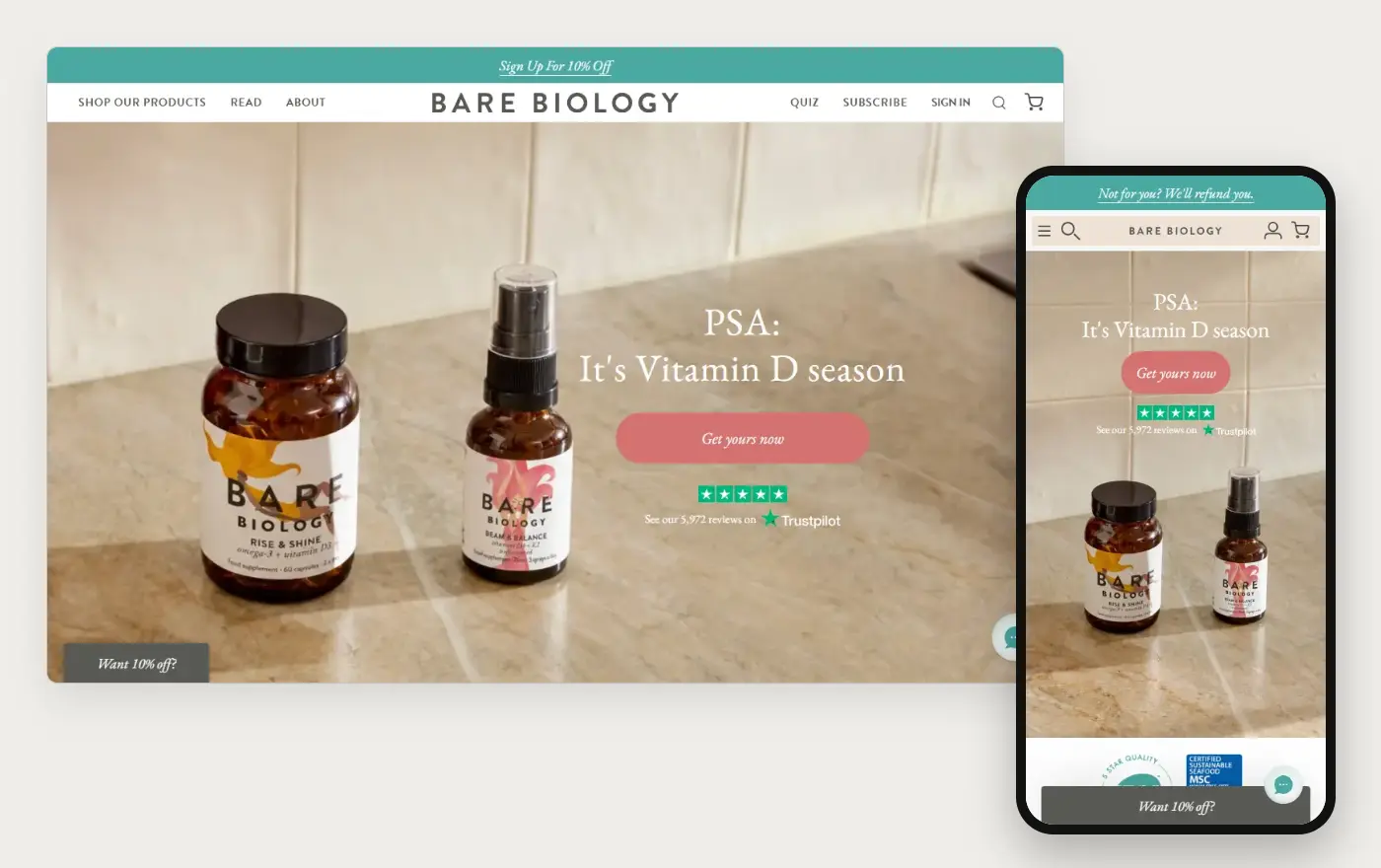 Bare Biology home page in a desktop browser and on a phone, 20 October 2026
