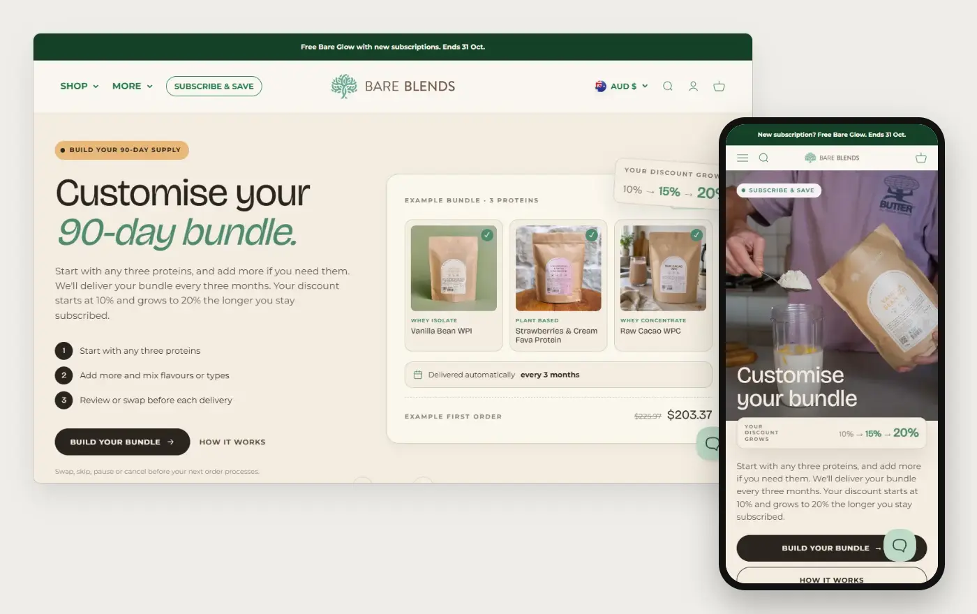 Bare Blends home page in a desktop browser and on a phone, 20 October 2026