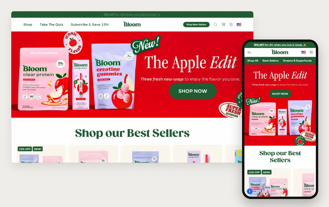 Bloom Nutrition home page in a desktop browser and on a phone, 20 October 2026