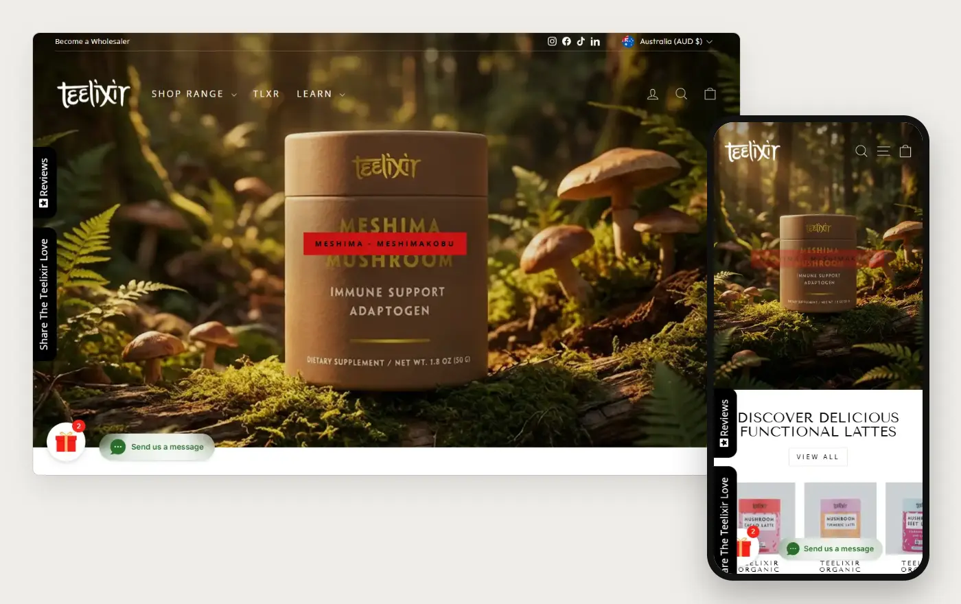 Teelixir home page in a desktop browser and on a phone, 20 October 2026