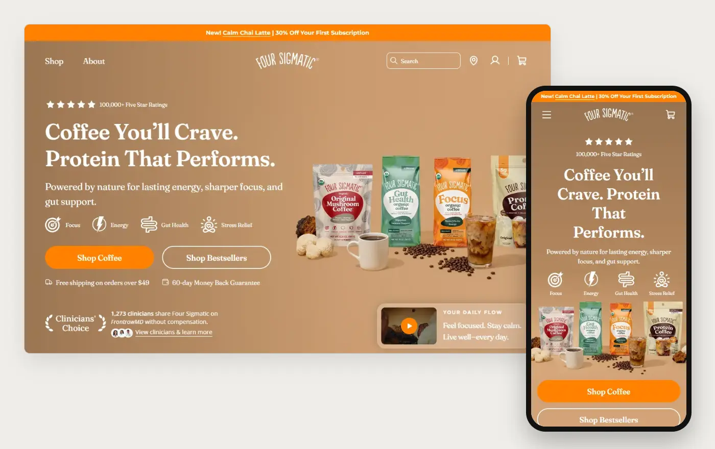Four Sigmatic home page in a desktop browser and on a phone, 20 October 2026