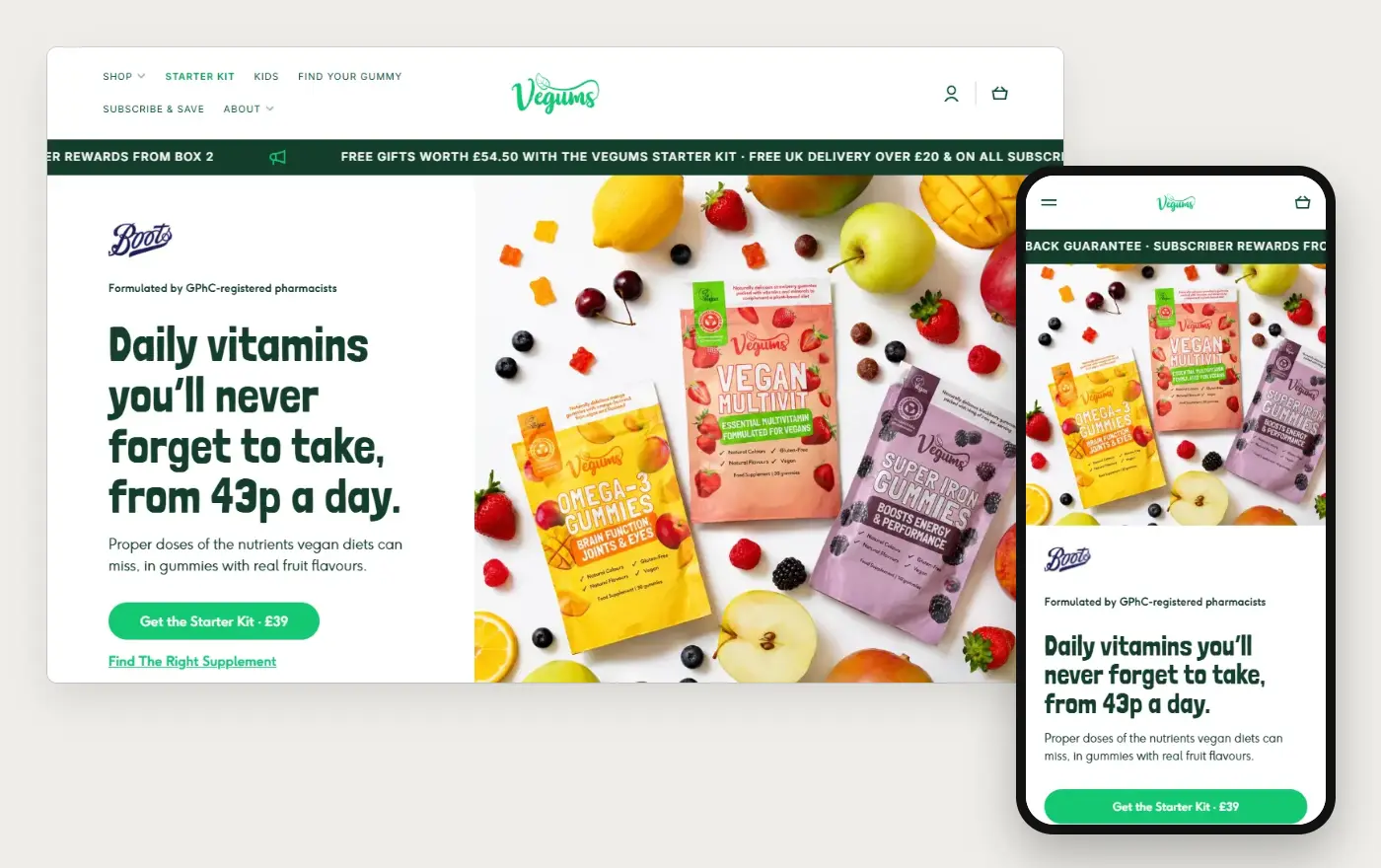 Vegums home page in a desktop browser and on a phone, 20 October 2026