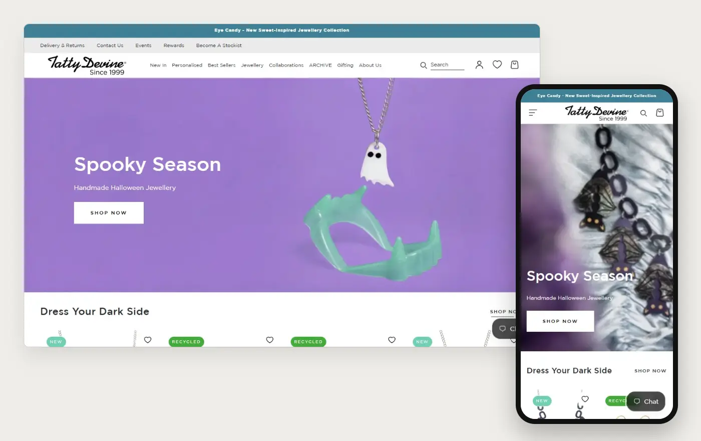 Tatty Devine's Shopify store homepage on desktop and mobile, captured on 10 October 2026