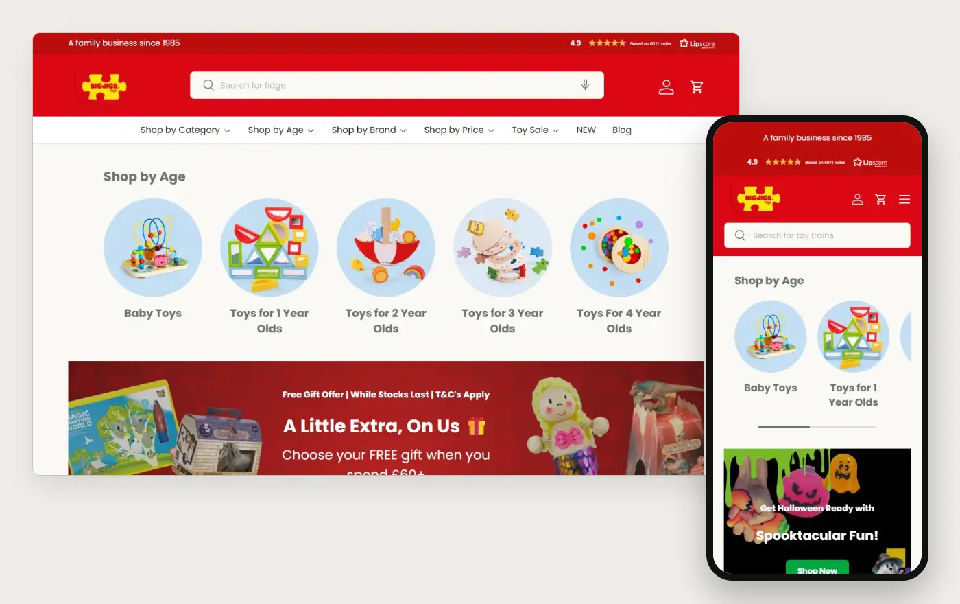 Bigjigs Toys' Shopify store homepage on desktop and mobile, captured on 11 October 2026