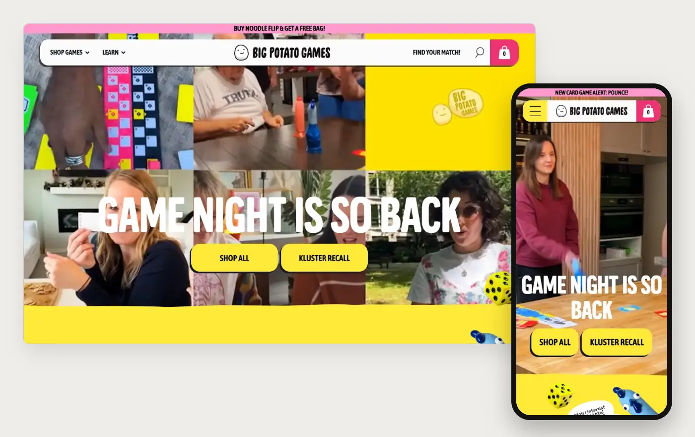 Big Potato Games' Shopify store homepage on desktop and mobile, captured on 11 October 2026