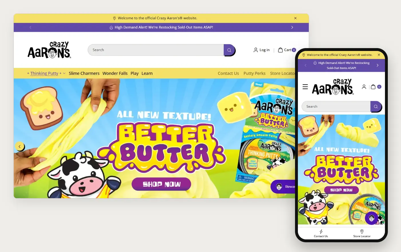 Crazy Aaron's' Shopify store homepage on desktop and mobile, captured on 11 October 2026