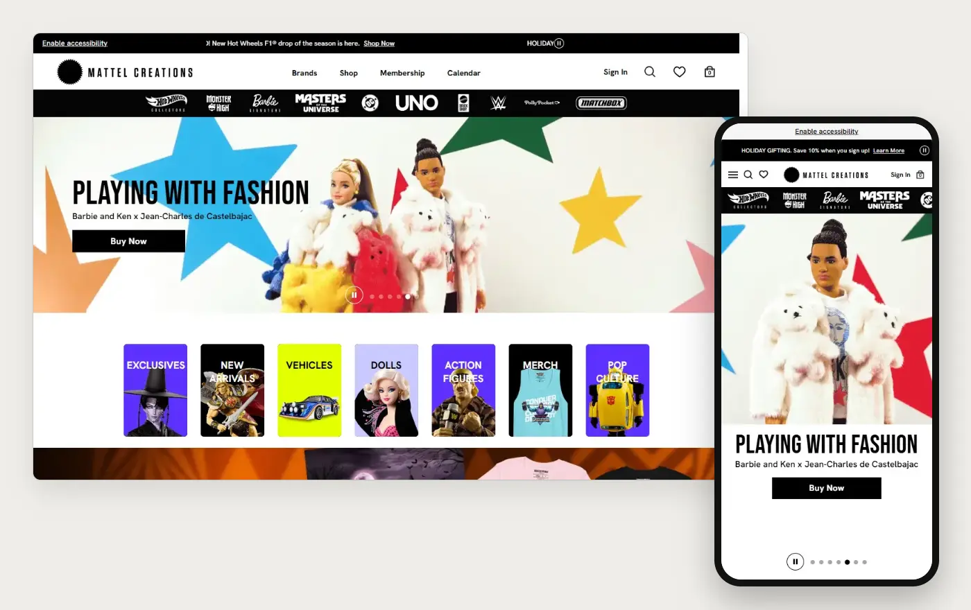 Mattel Creations' Shopify store homepage on desktop and mobile, captured on 11 October 2026