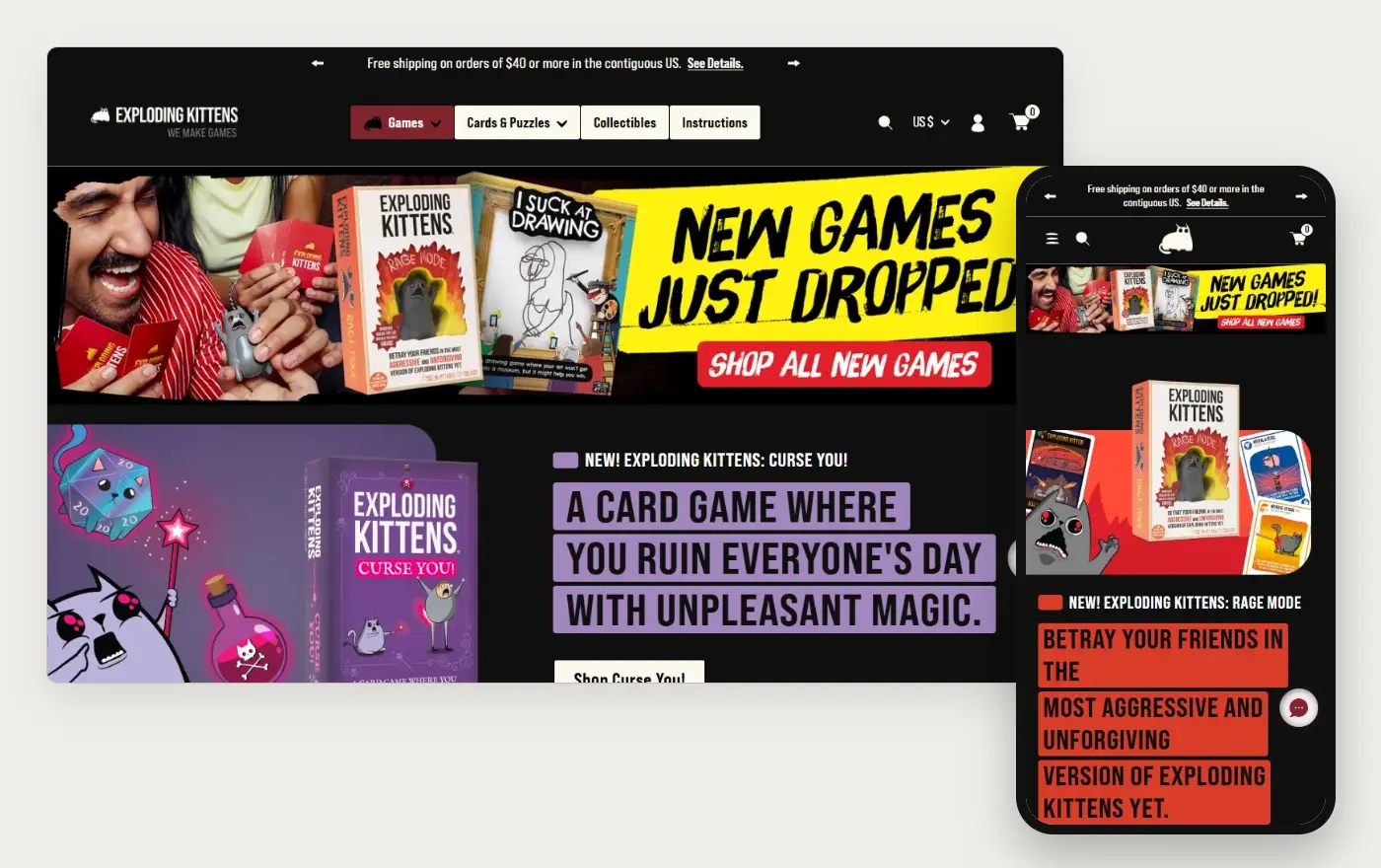 Exploding Kittens' Shopify store homepage on desktop and mobile, captured on 11 October 2026