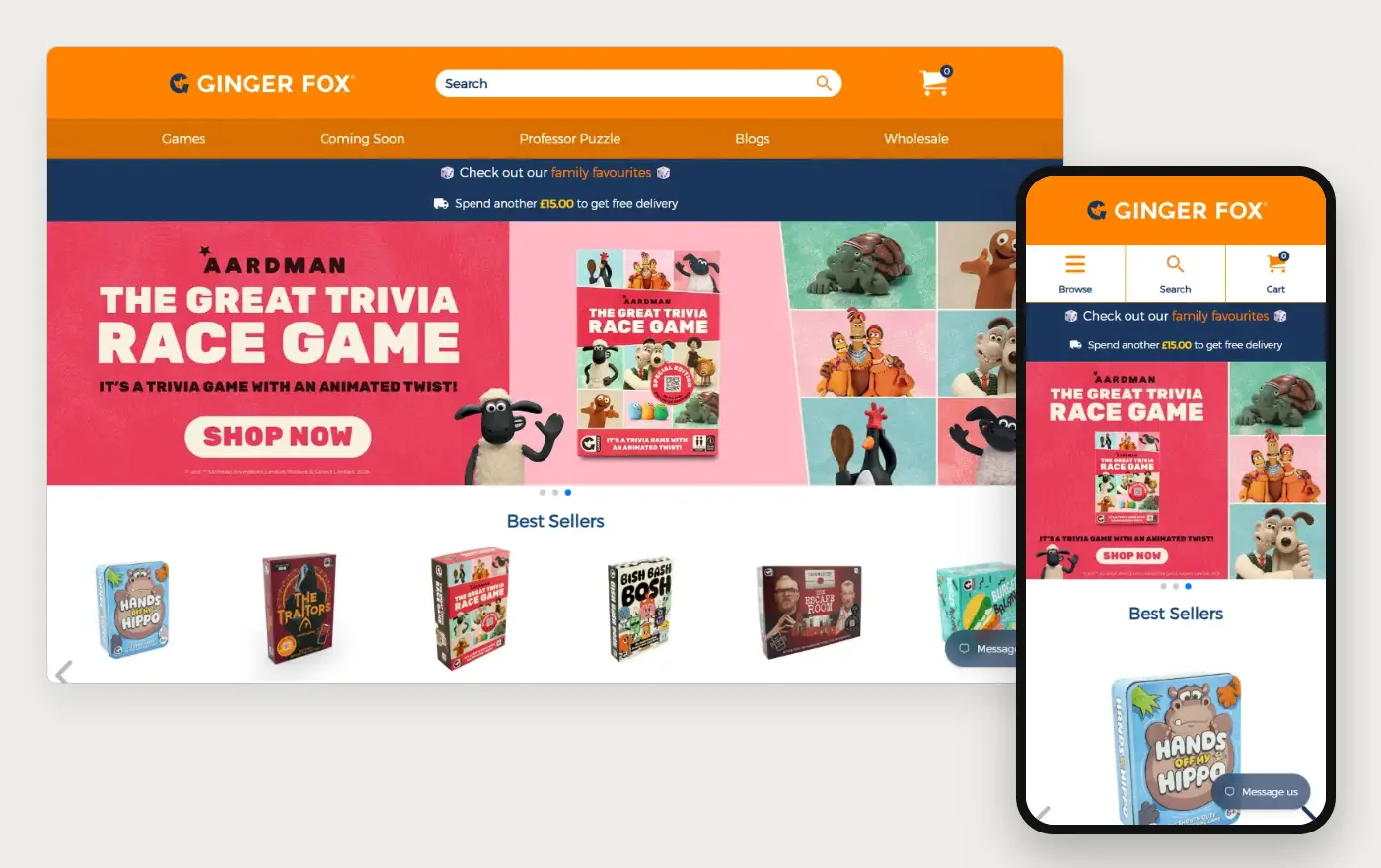 Ginger Fox's Shopify store homepage on desktop and mobile, captured on 11 October 2026