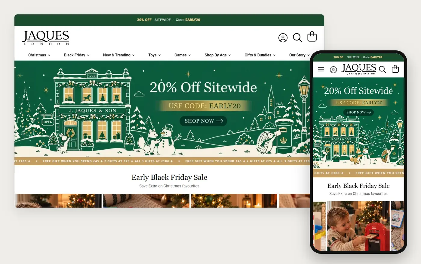 Jaques of London's Shopify store homepage on desktop and mobile, captured on 11 October 2026