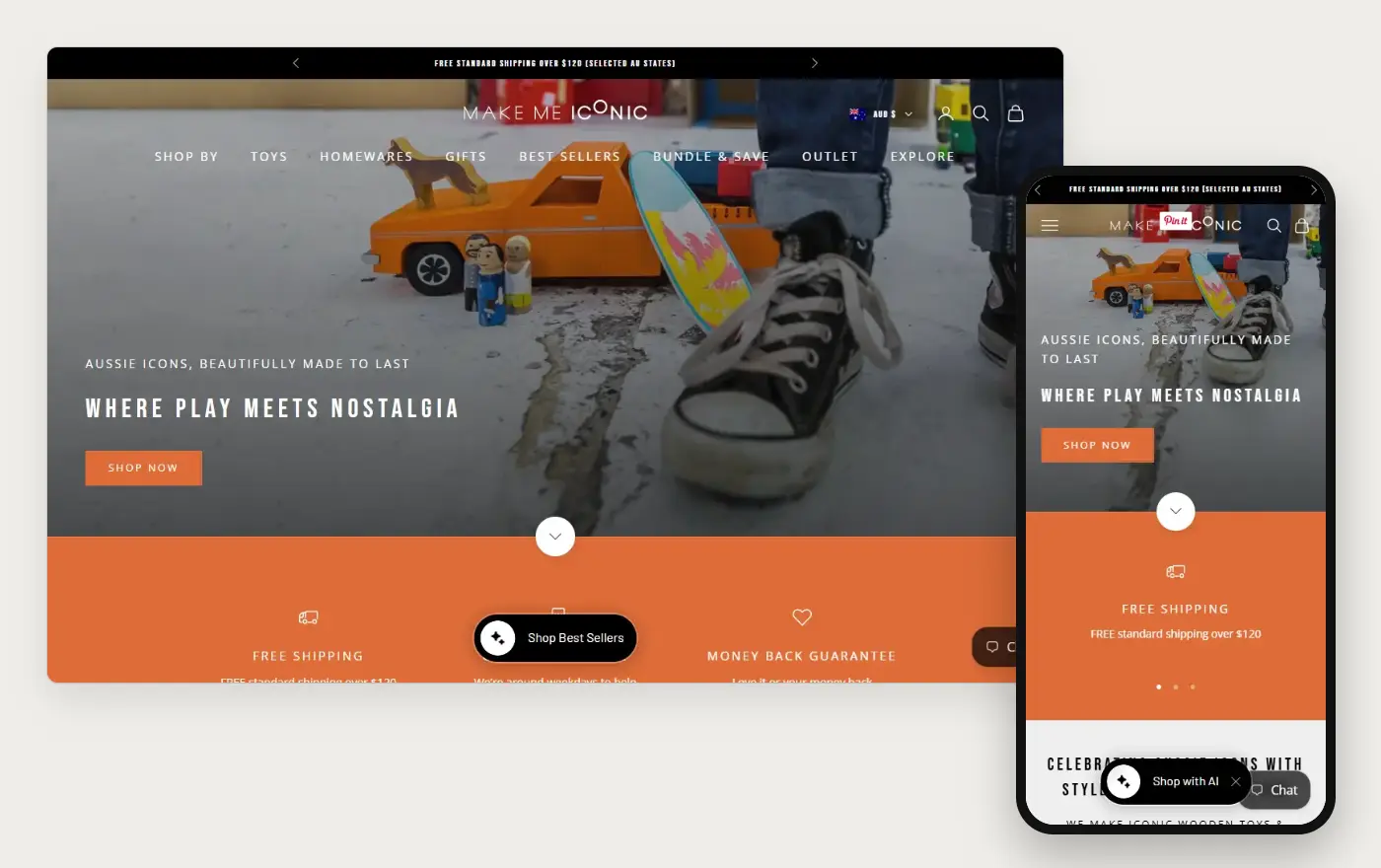 Make Me Iconic's Shopify store homepage on desktop and mobile, captured on 11 October 2026