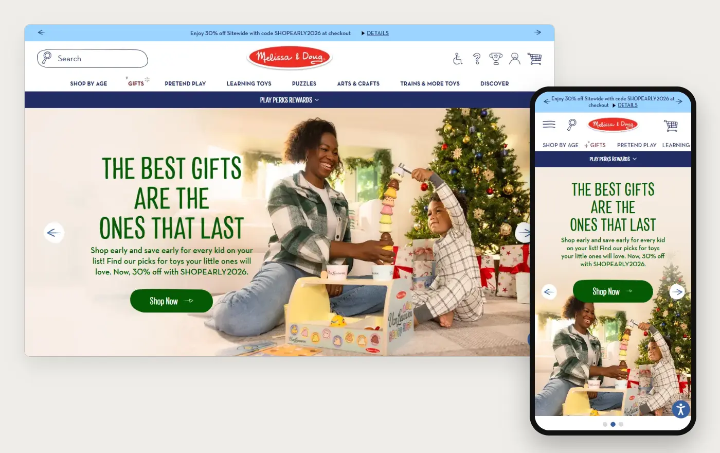 Melissa & Doug's Shopify store homepage on desktop and mobile, captured on 11 October 2026