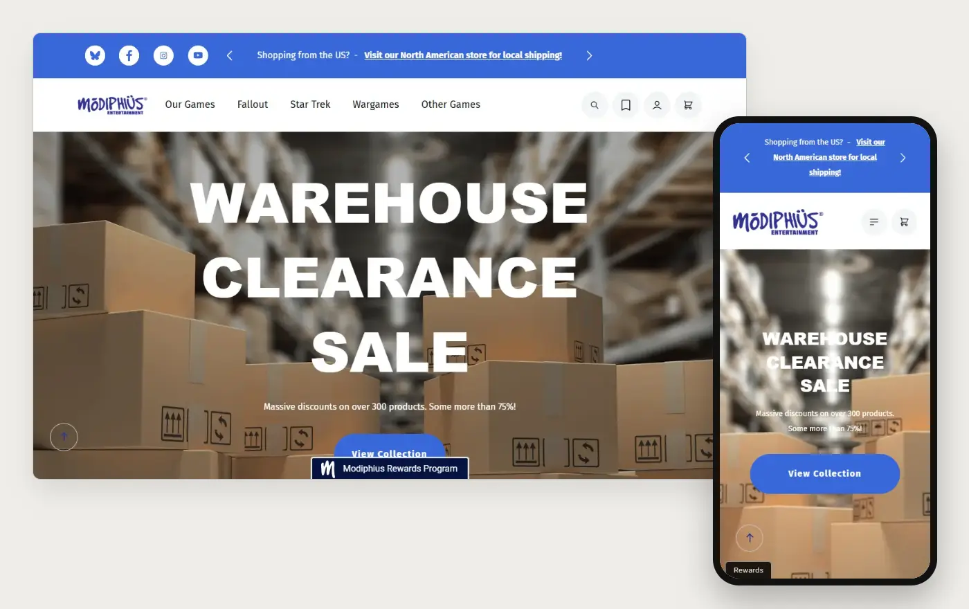 Modiphius' Shopify store homepage on desktop and mobile, captured on 11 October 2026