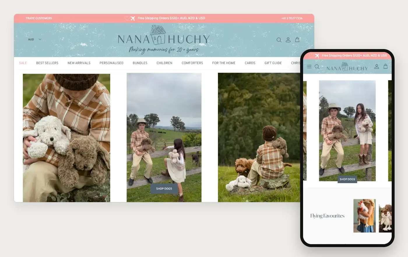 Nana Huchy's Shopify store homepage on desktop and mobile, captured on 11 October 2026